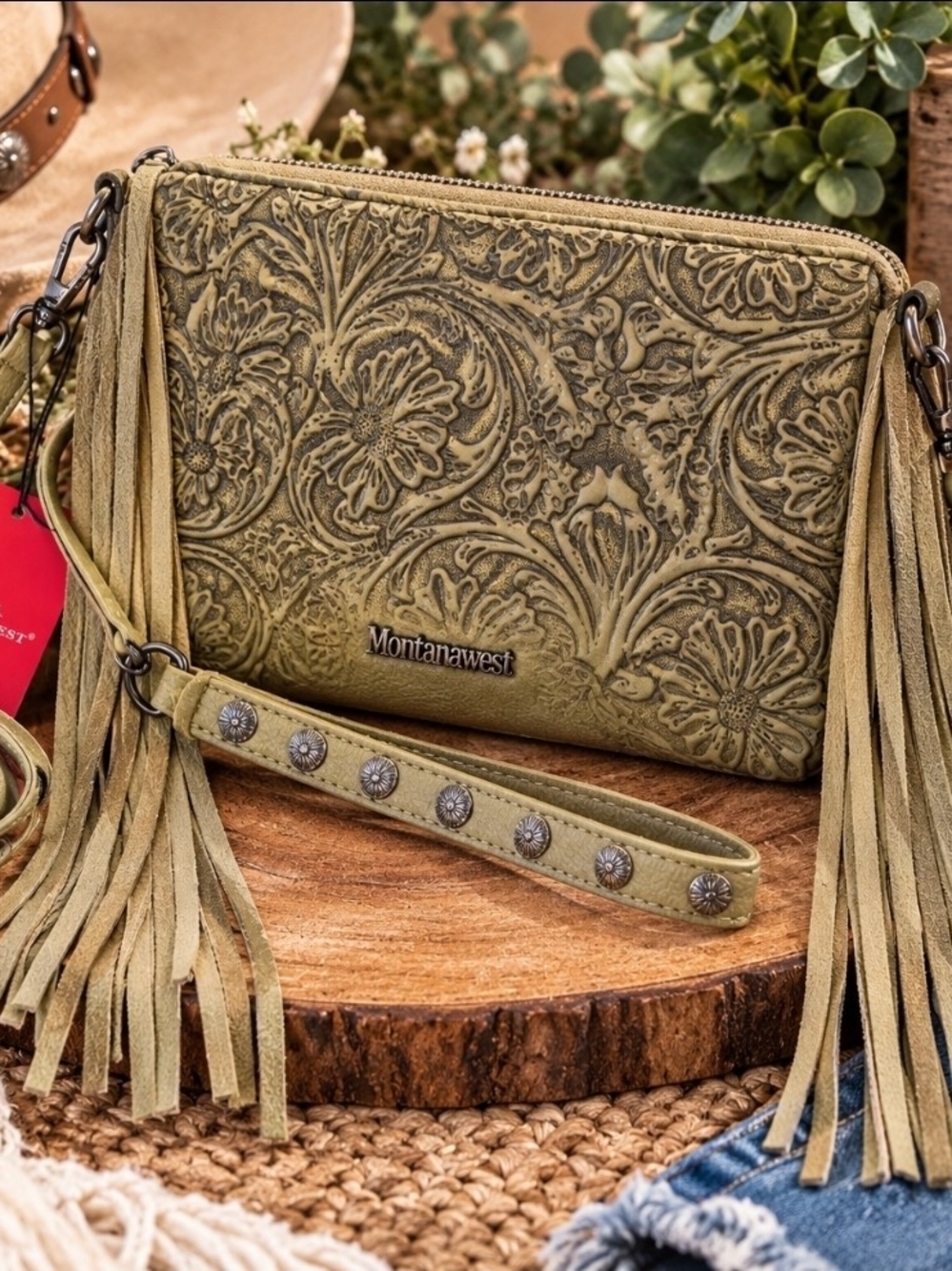 NWT Montana West Western Floral Tooled Fringe Crossbody Wallet Clutch Bag Tan